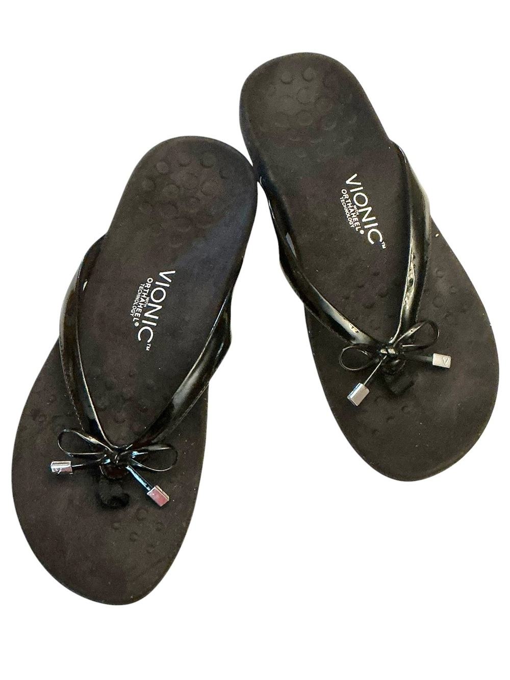 Vionic  Bella II Black Patent Bow Toe-Post Thong Slip on Ortho Sandal Sz-10 Wide - Picture 2 of 15